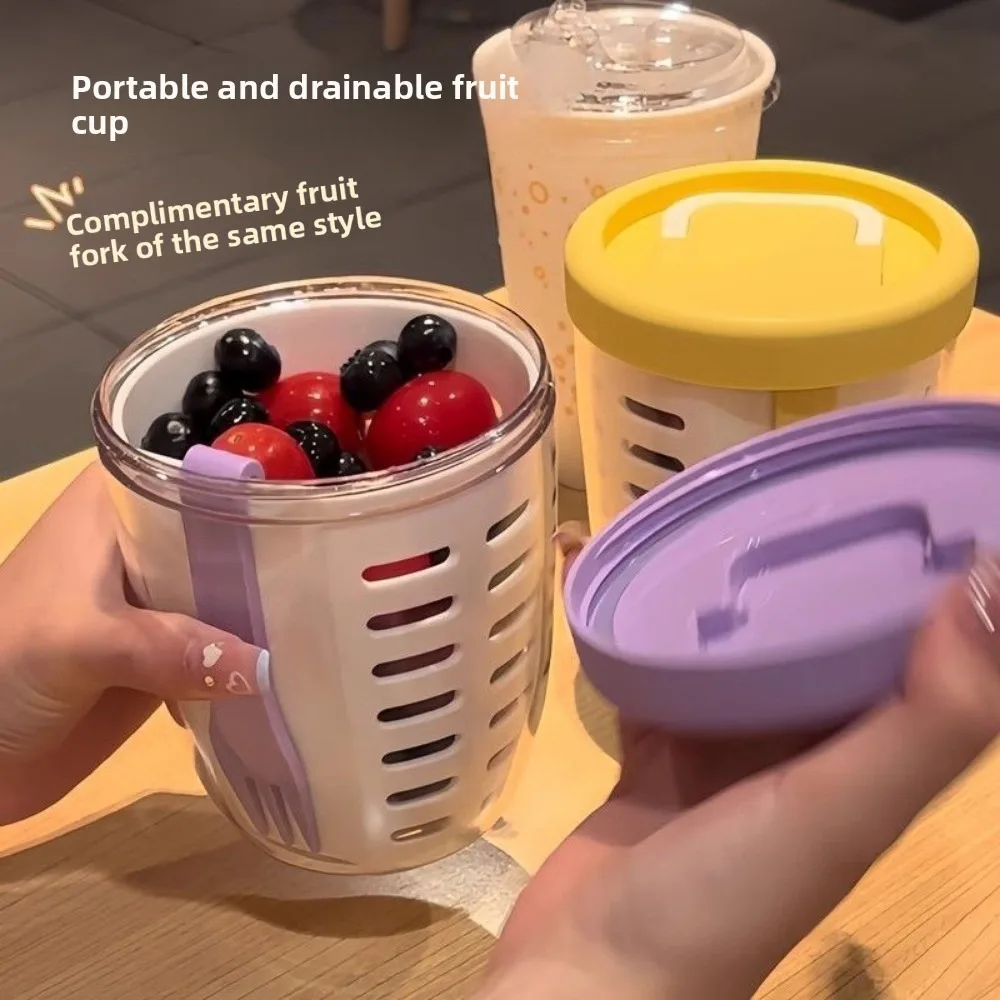 

Takeout Picnic Fruit Cup Portable Drain with Fork Breakfast Salad Oatmeal Cup Colorful simple and versatile ins style