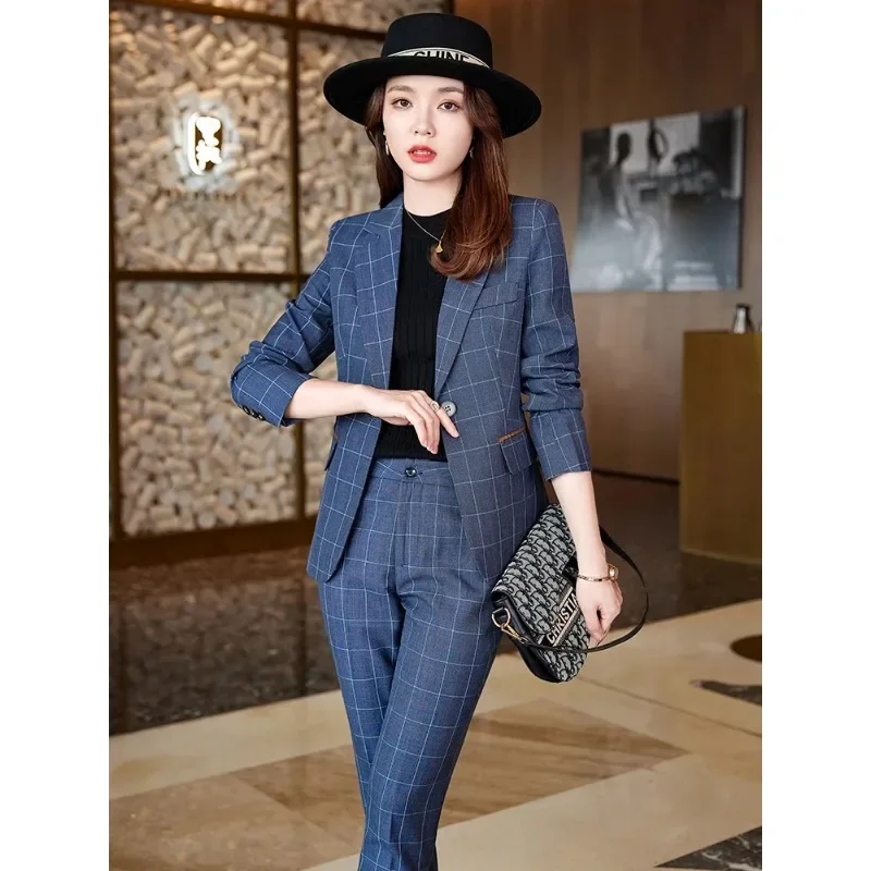 Women Office Ladies Autumn Formal Pant Suit Khaki Blue Plaid Business Interview Work Wear Blazer And Trouser 2 Piece Set