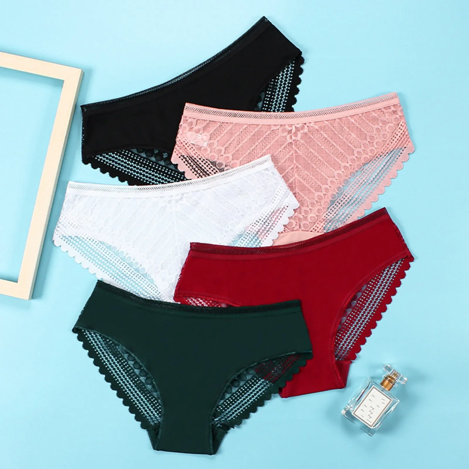 

Women's Underwear Panties Sexy Lace Lingerie High Fit Female Boyshort High Waist Briefs Rhombus Mesh Underpant Plus Size