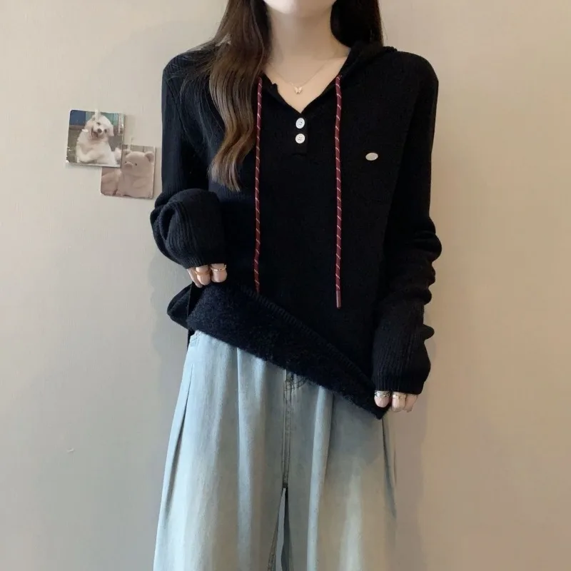 Hooded One-piece Velvet Sweater Women's Autumn and Winter New Pullover Sweater Plus Velvet Thickened Bottoming Top