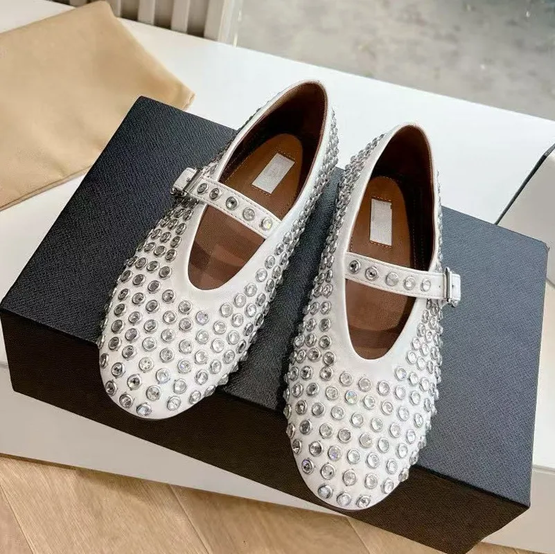 2026 Nieuwe Rivet Full Diamond Water Diamond Balletschoenen Dames Echt Leer Platte Bodem Ronde Kop Mary Jane Enkele Schoenen