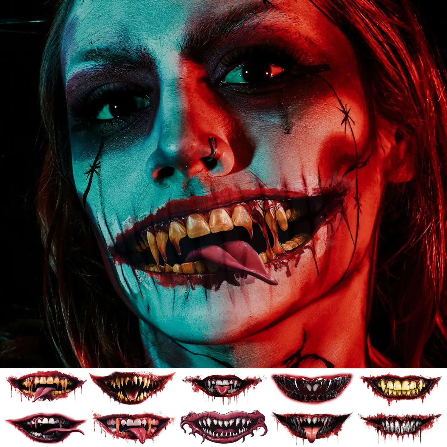 10 Halloween Temporary Mouth Tattoos, Realistic Scary Red Monster Mouth Fake Tattoo Stickers, Suitable for Halloween Parties, Masquerades, Pranks, and Role-Playing