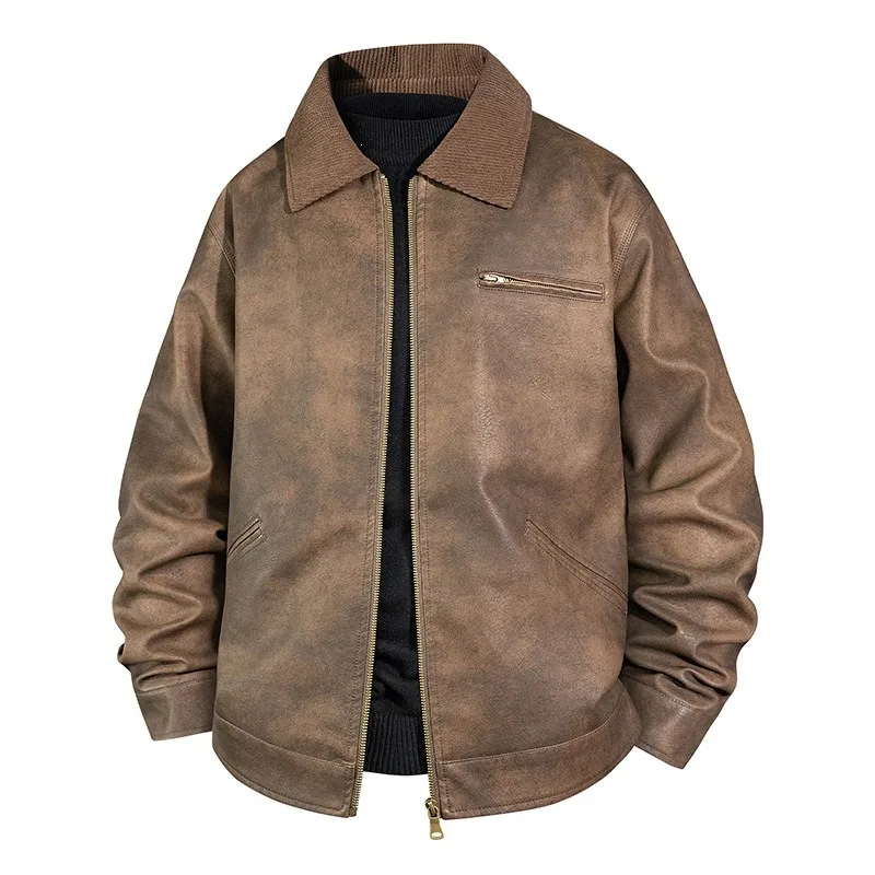 2026 Autumn New American Retro PU Leather Jackets for Men Fashion Streetwear Loose Work Jacket Lapel Zipper Coat Men Clothing