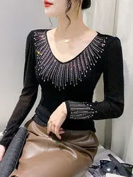 Women Hot Drilling Bottoming Shirts Black Diamonds Beaded V-neck Undershirts Long Sleeve T-shirts Rhinestones Tees Jumpers Tops