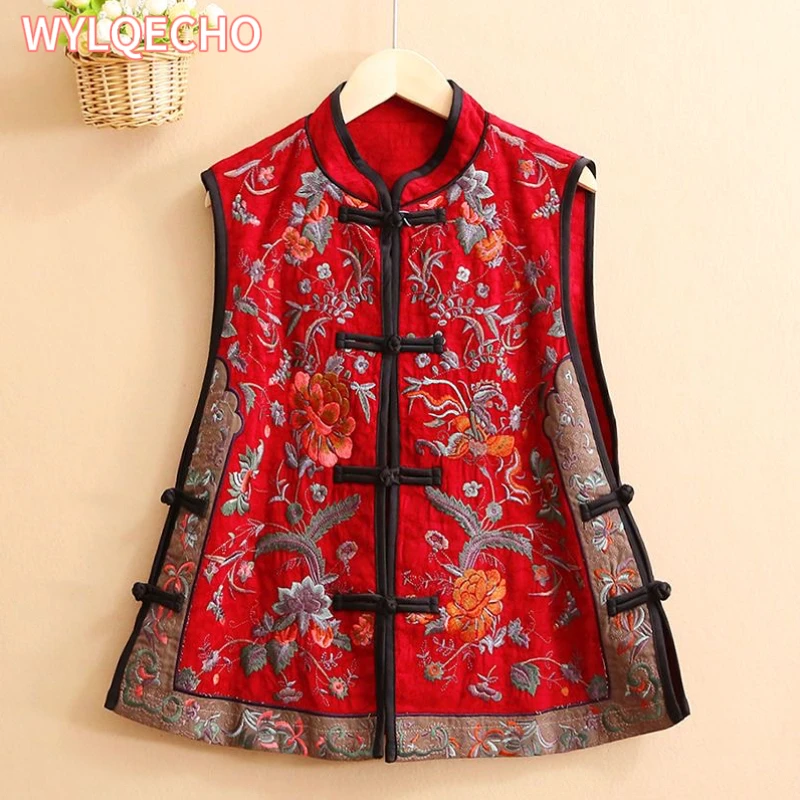 2023 traditional chinese women vintage elegant vest flower embroidery cotton linen vest women tops elegant oriental tang suit