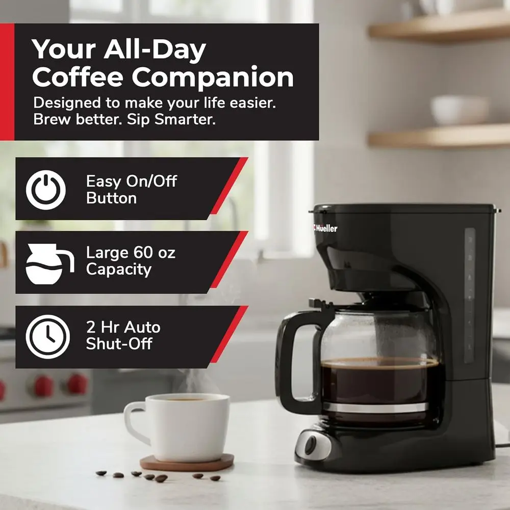 12-Cup Drip Coffee Maker - Borosilicate Carafe, Auto-Off, Reusable Filter, Anti-Drip, Keep-Warm Function, Clear Water Level Wind