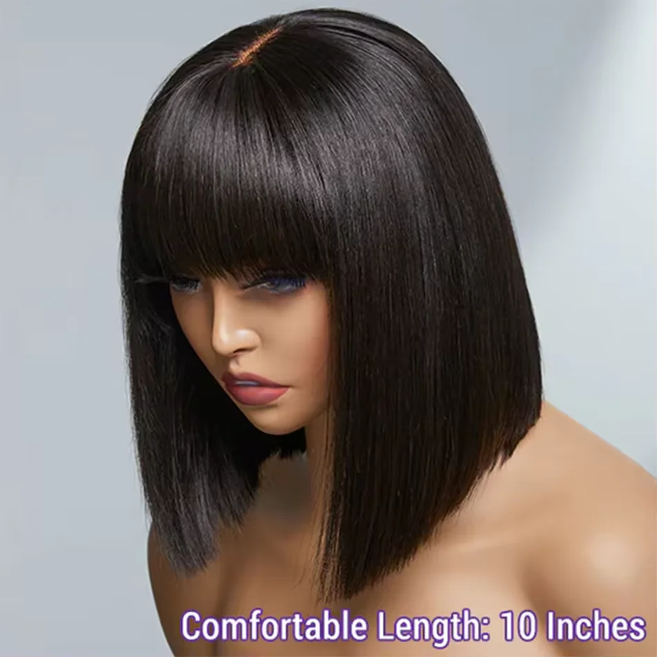 Straight Bob Wig With Bangs For Women Peruvian Full Machine Made Wig for Women Natural Color 100% Human Hair Wigs Short Bob Wig