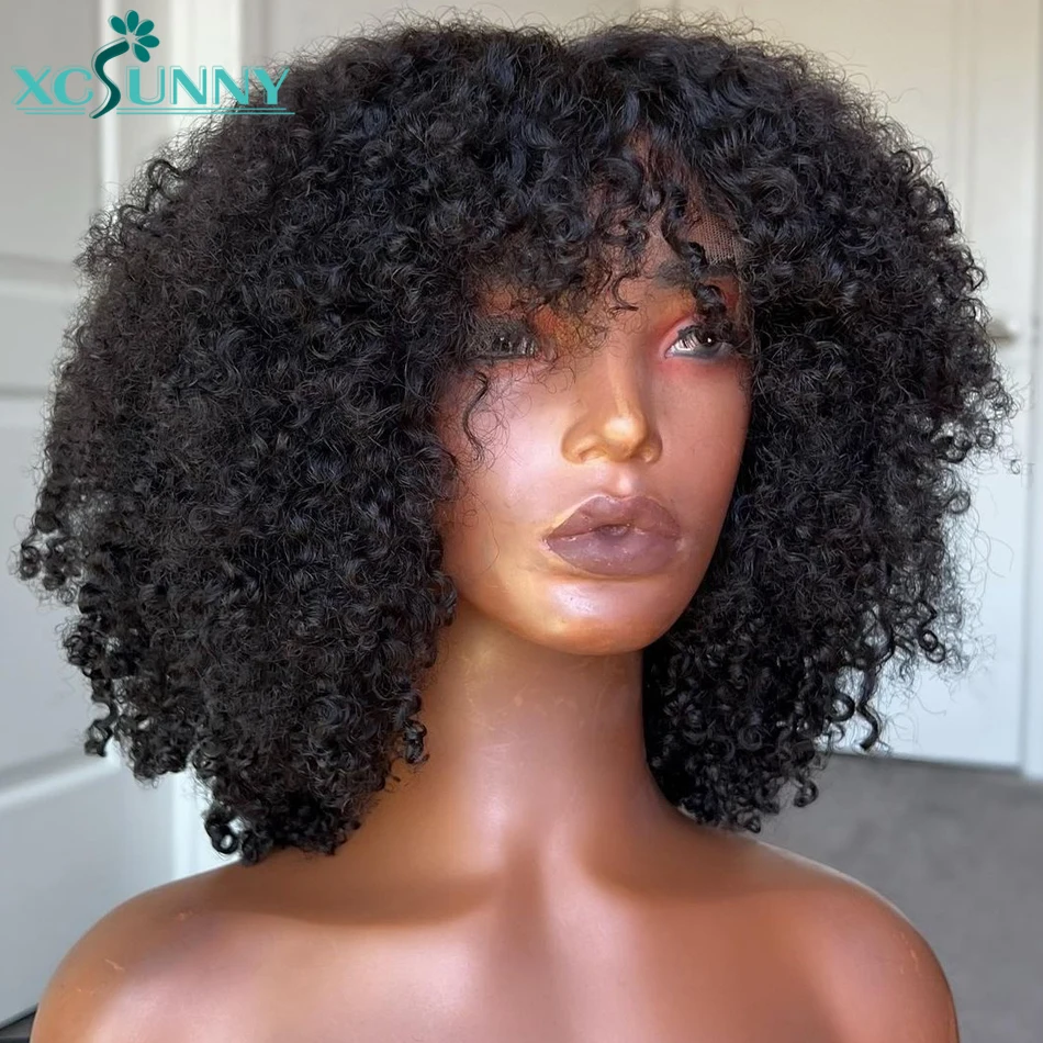 Kinky Curly Bang Wig Human Hair Short Curly Human Hair Wigs With Bangs Full Machine Made Wig Glueless Natural Hair Xcsunny
