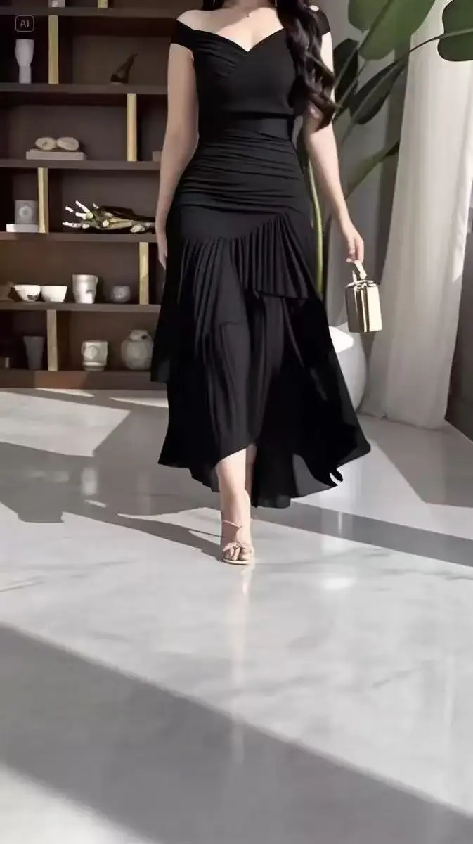 

Womens Dresses 2026 Spring New Sweet Style Solid Color High Waist Ruched V-Neck Sleeveless Casual Ruffle Hem Daily Long Dress