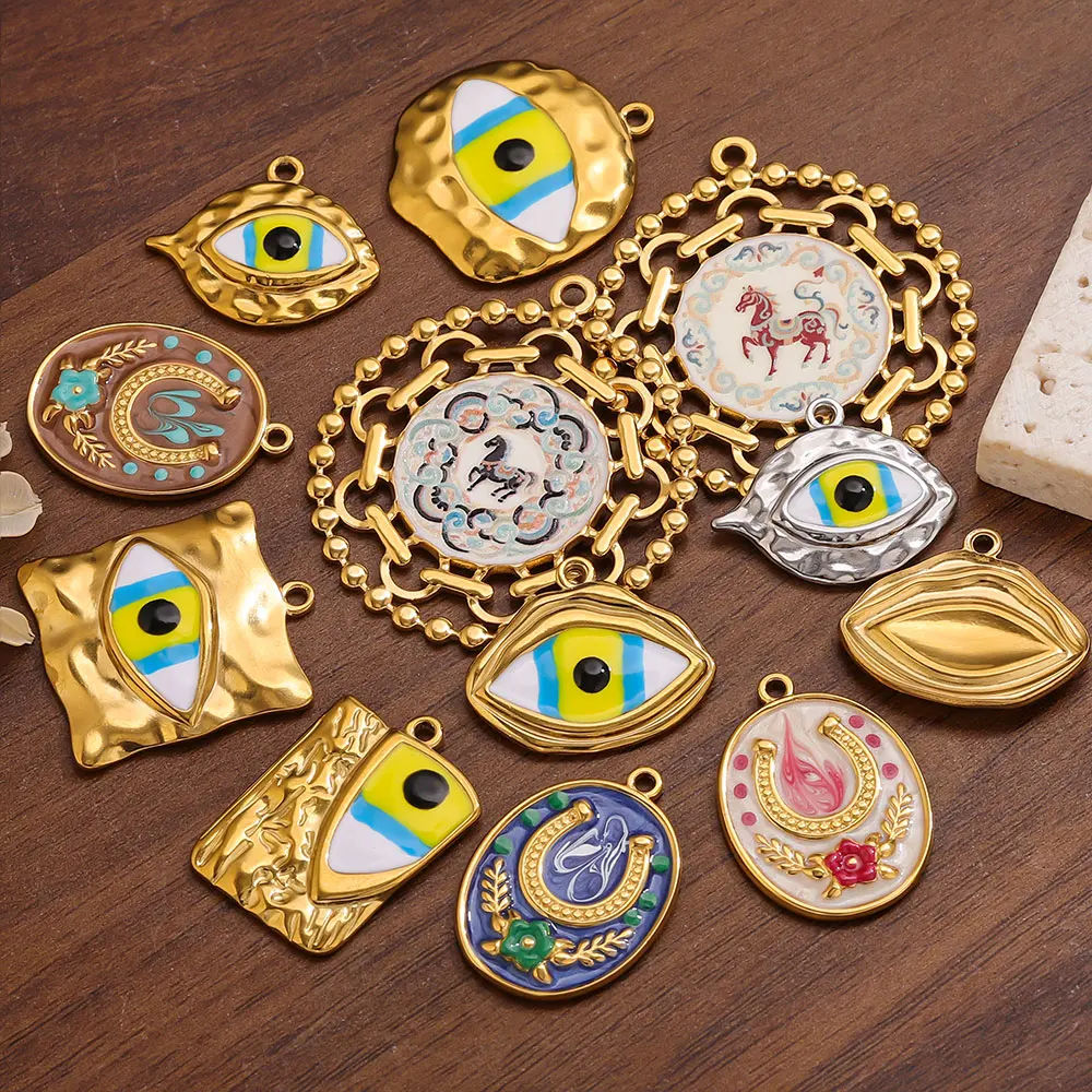 2/5pcs Stainless Steel Enamel Charms Evil Eye Square Round Pendants Accessories Diy Jewelry Earring Necklace Making Findings