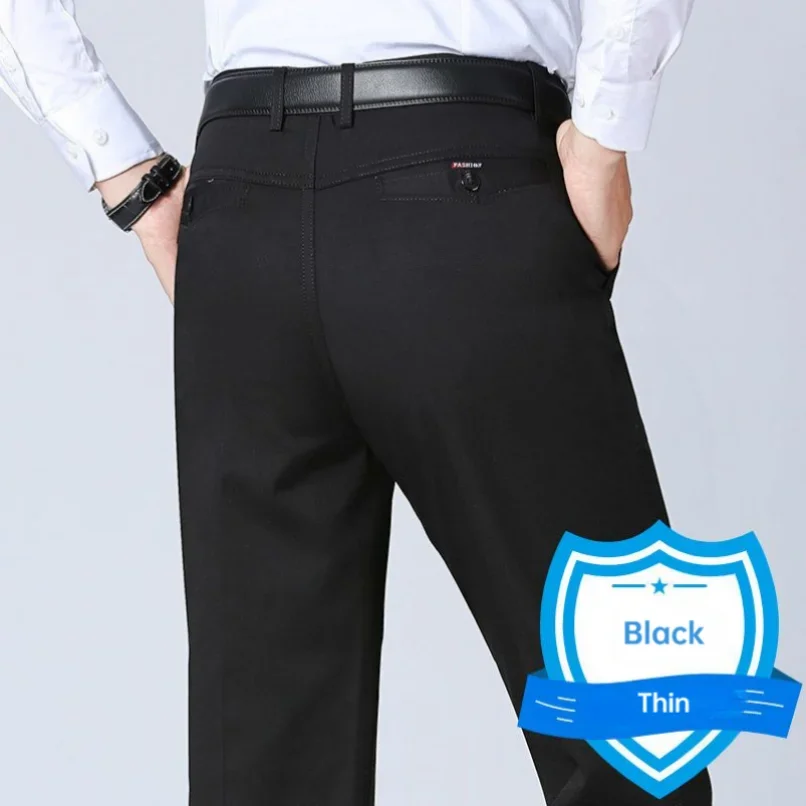 Mens Summer Thin Autumn Thick 100% Cotton Suit Pant Slacks High Waist Straight Loose Bland Solid Casual Business Pants GOZBKF