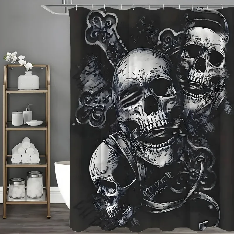 Gothic Skulls with Keys Shower Curtain for Halloween Bathroom Decor Waterproof Fabric Includes Hooks and Rings