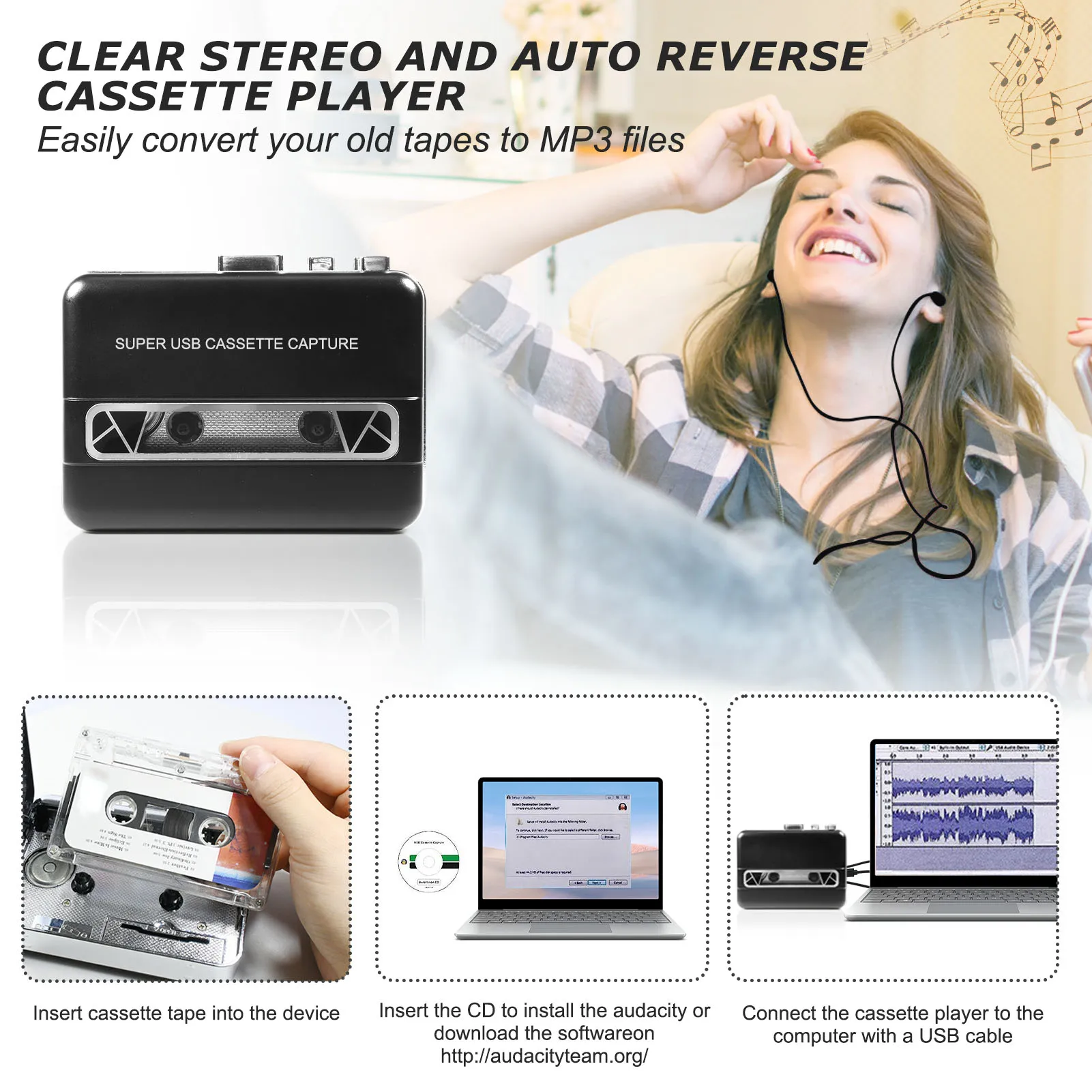 Portable Cassette to MP3 Converter Cassette Tape Player Built in Speaker 3.5mm Earphone Jack for Laptop Computer CD Burner