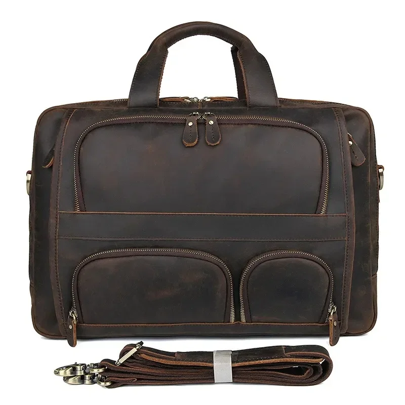 17.3-Inch Laptop Briefcase, Genuine Leather Business Tote Bag for Men, Large Retro Handbag for Travel, Male Brief Case Bag