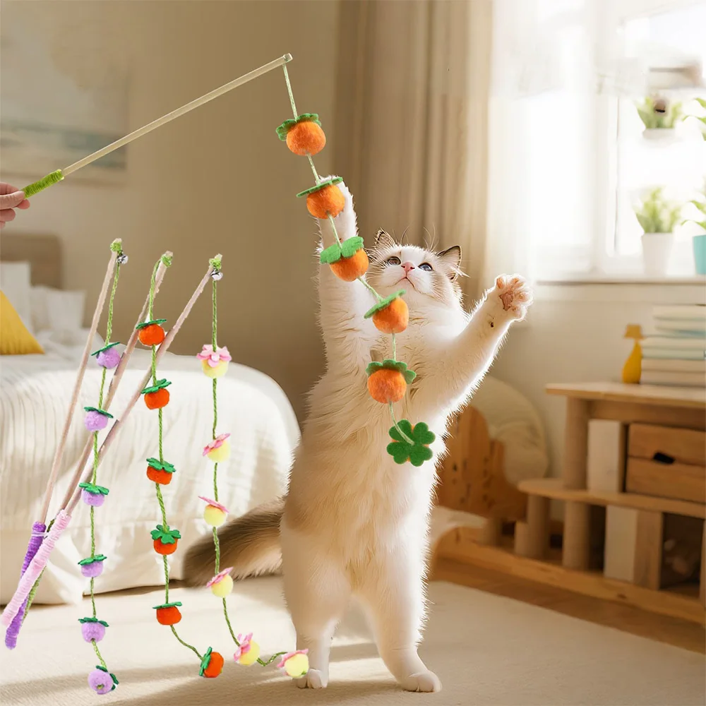 

Interactive Colorful Ribbon Cat Toy Funny Fruit Cats Stick Satin Teasing Cat Toys Kitten Playing Teaser Wand Toy Cat Supplies