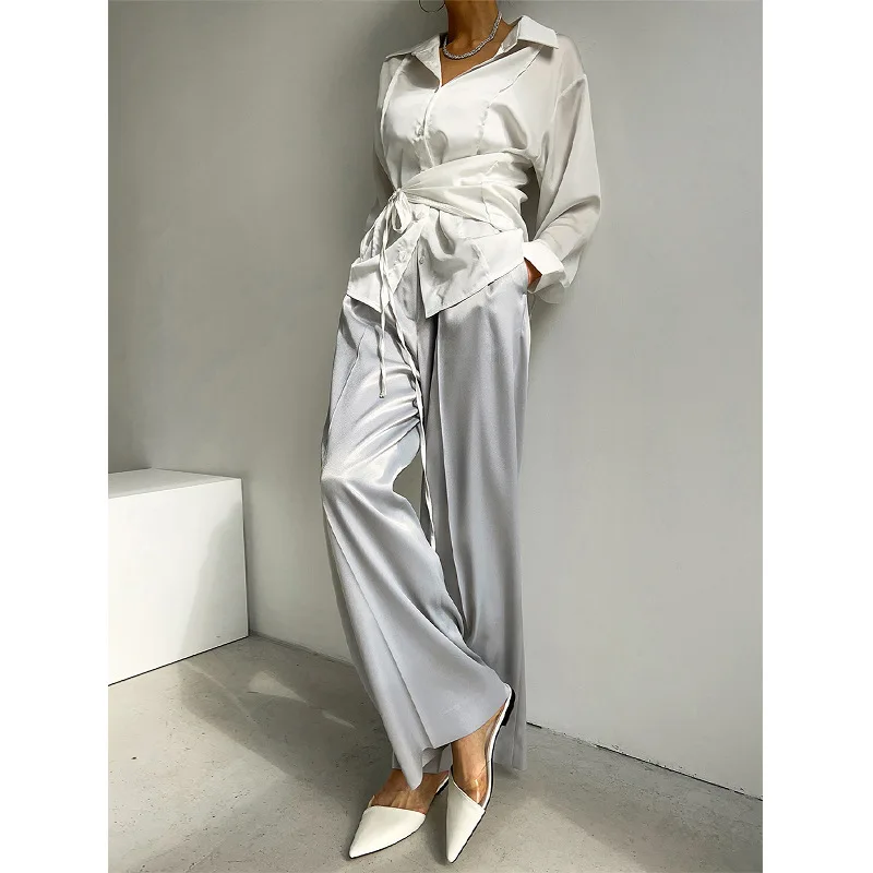 

Satin Ice Silk Wide-Leg Pants Women's 2023 New Summer Thin Chiffon Cuprammonuium Narrow Board Straight Suit Pants