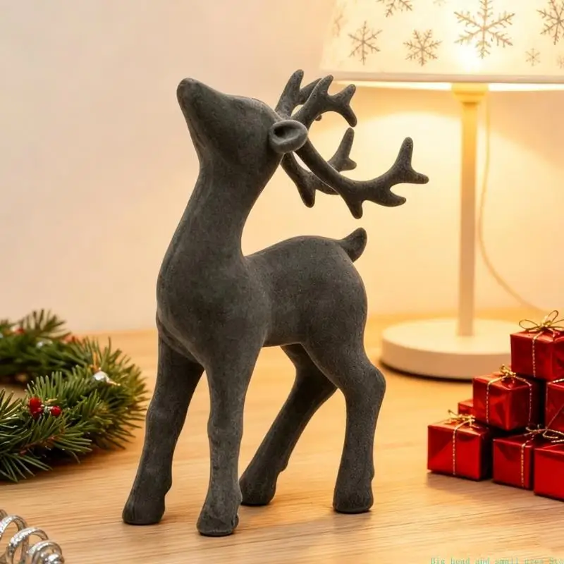 581C Flocking Reindeer Statues Centerpieces Christmas Deer Figurines Set of 2 Holiday Decors Home Display, Standing Deer Figures