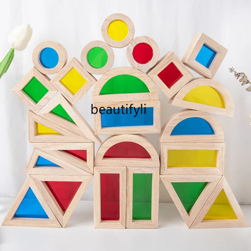 Large block wooden building block translucent acrylic rainbow building block educational toys for infants and children