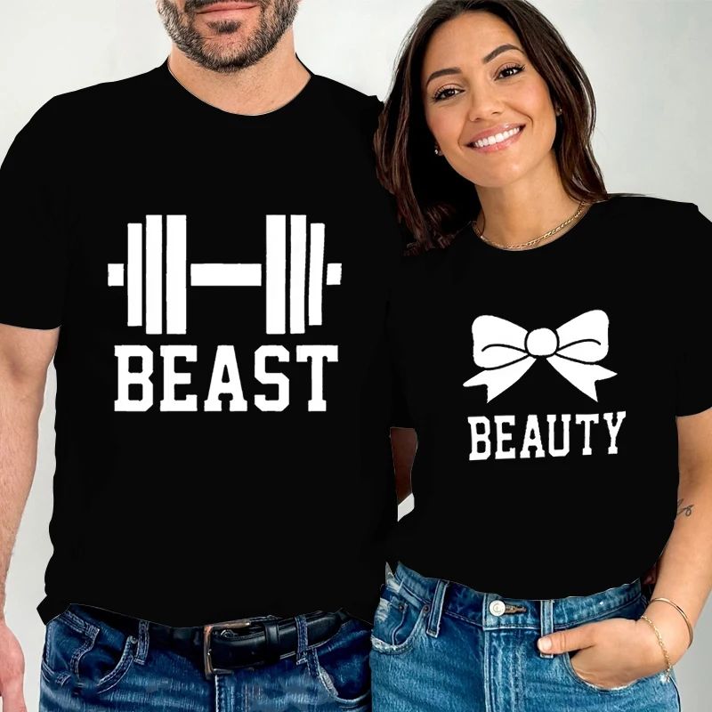 Couple Matching T-Shirt Beast Beauty Funny Dumbbell Bow Print Tops Summer Short Sleeve Street Fashion Shirt Women Men Lovers Tee