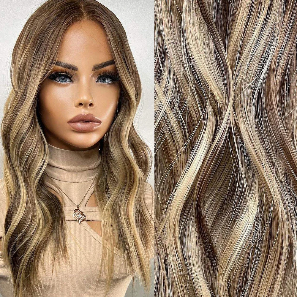 Blonde Shoulder Wave Lace Front Wig Futura Synthetic Blend Human Hair for Women Mixed Colored Ashy Party Cosplay Wig for Women