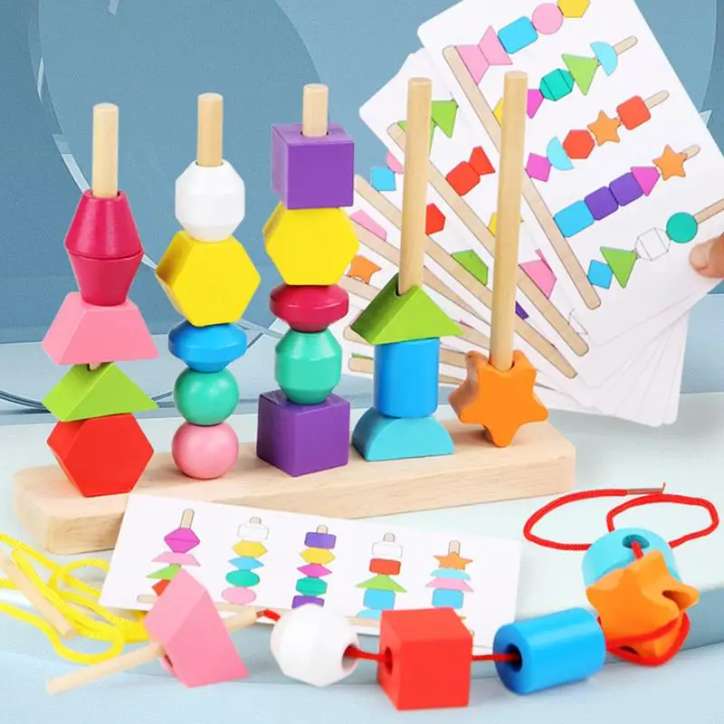 Jouet de séquençage de perles en bois, jouets de tri de formes Montessori, jouet d'empilage de couleurs, perles de laçage, enfilage, jouets de motricité fine