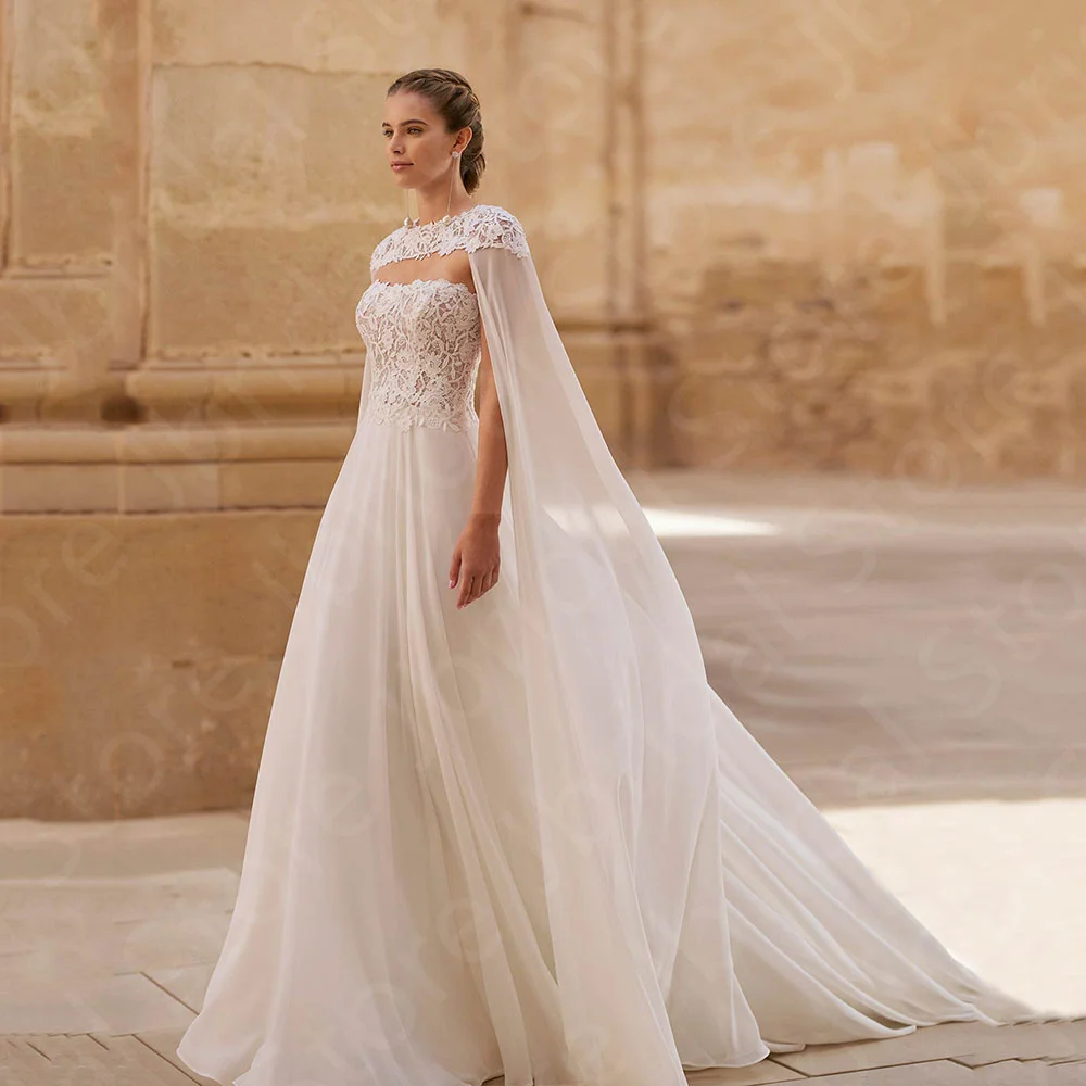 

Customized Gorgeous Lace Wedding Dresses with Cape Bridal Gowns Strapless Bride Dresses White Wedding Gowns Back Out On Sale