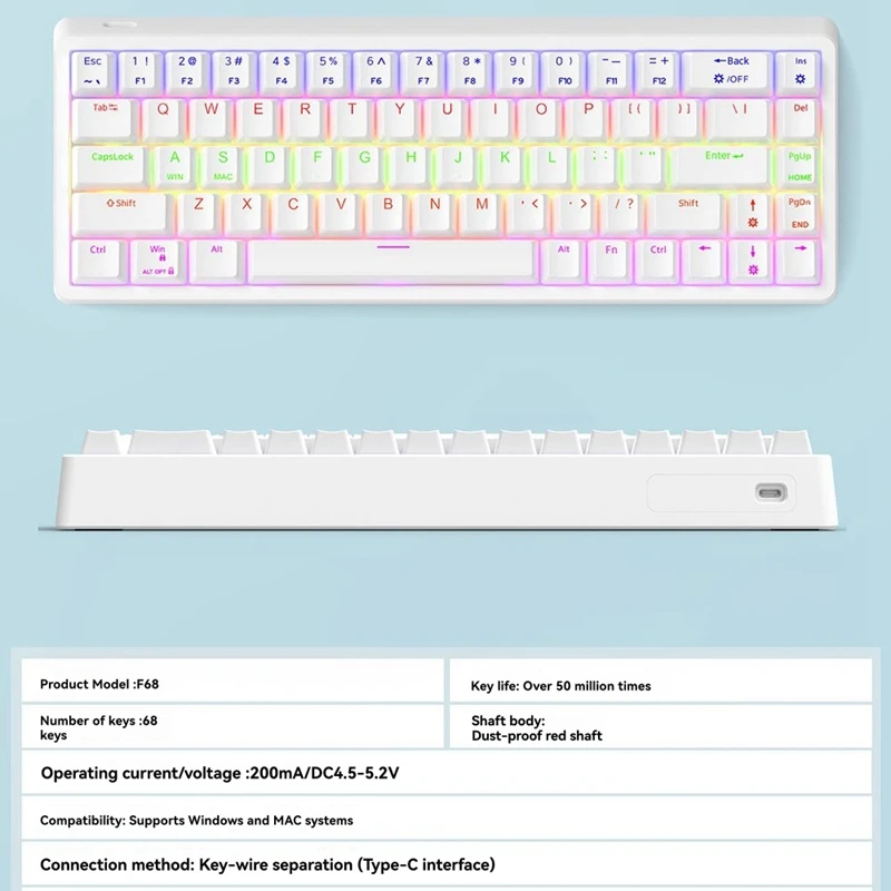 68 مفتاح لوحة المفاتيح الميكانيكية USB السلكية RGB الخلفية LED الأحمر التبديل لوحة المفاتيح لعبة الكمبيوتر المحمول مكتب #5