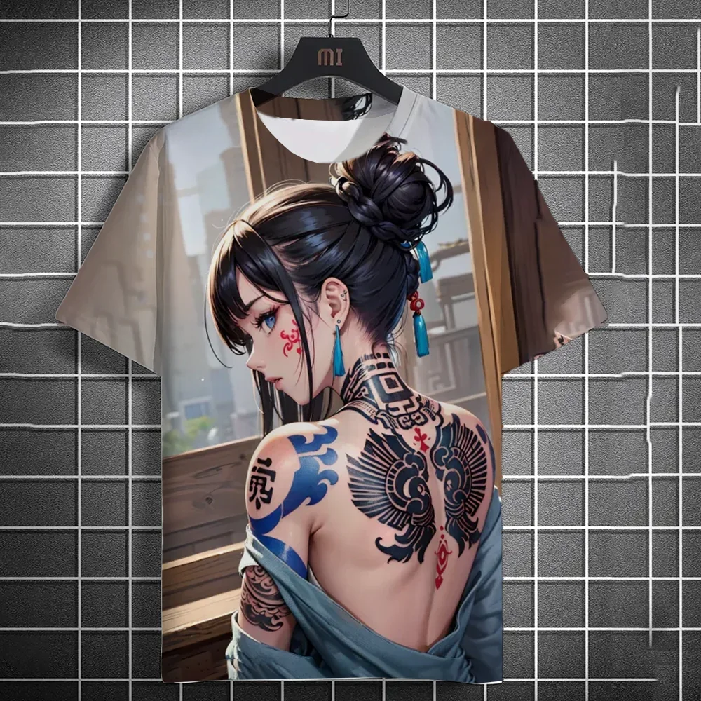 3D Men's T-shirt Printed Anime Goddess Back Tattoo Print T-shirt Casual Loose Short Sleeved T-shirt Men's Home y2k Clothing tops