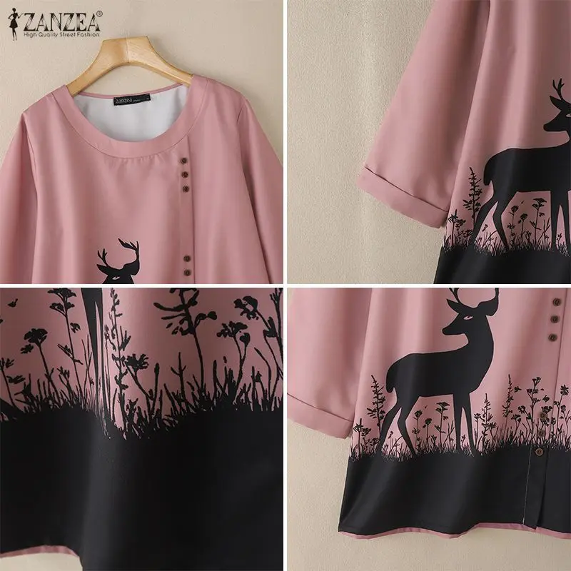 ZANZEA Camicette con maniche a 3/4 da donna casual Primavera Estate O-Collo Cartoon Deer Stampa Bottoni Top Abbigliamento quotidiano Abbigliamento donna 3XL