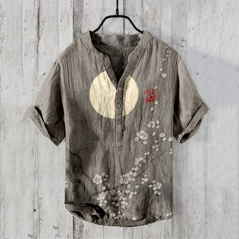 Summer Men's Short Sleeved Shirt Linen Printed Shirt European and American Popular Elements Original Octopus Printed Shirt