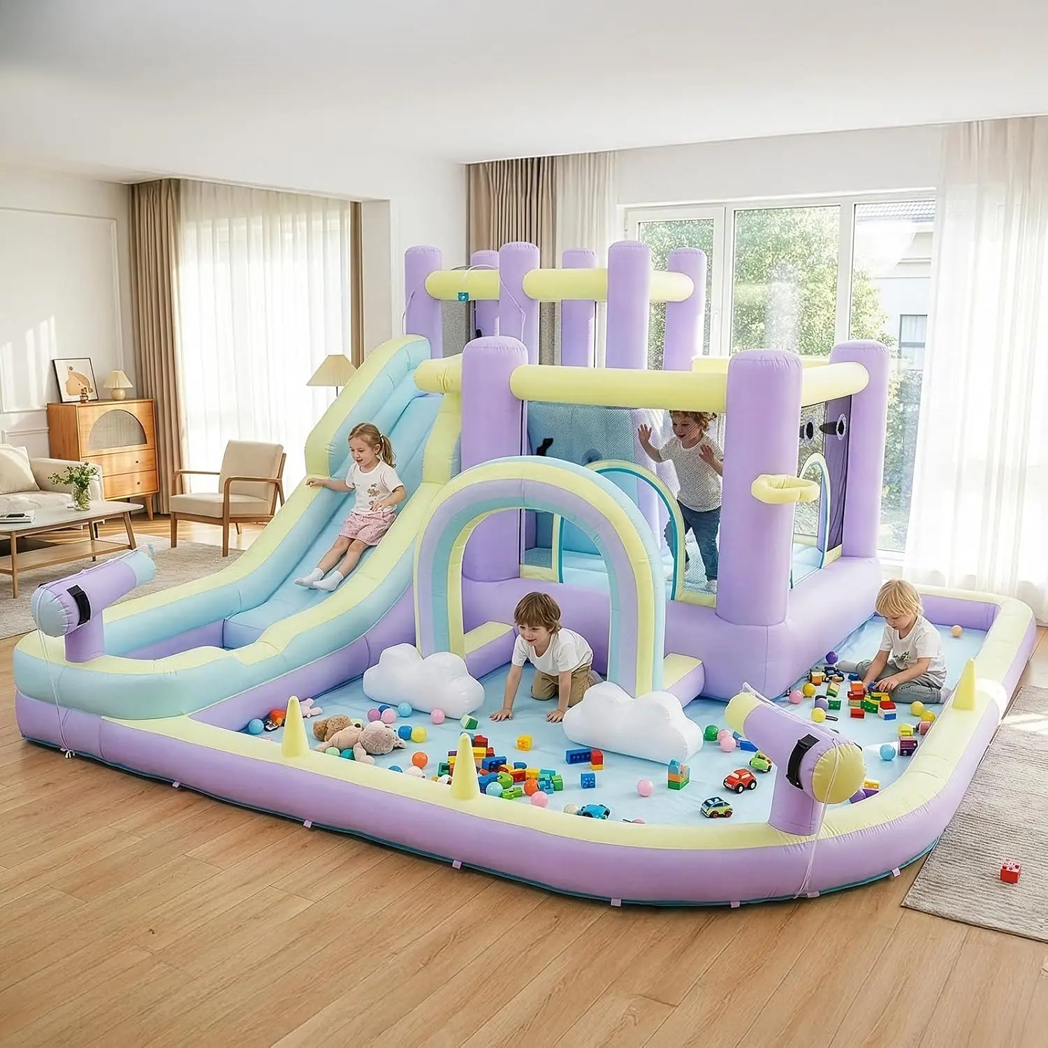Inflatable Bounce House with Rainbow Arch and Extra Long Water Slide | Outdoor Bouncy Castle, Included 750W Blower, Splash Pool, view 6