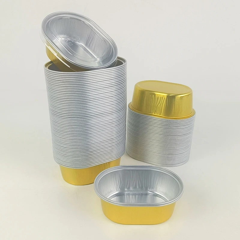 

100/200/500pcs 50ml Gold Oval Foil Cups Pudding Cheese Molds High Temp Disposable Baking Cups Air Fryer Oven Takeout Container