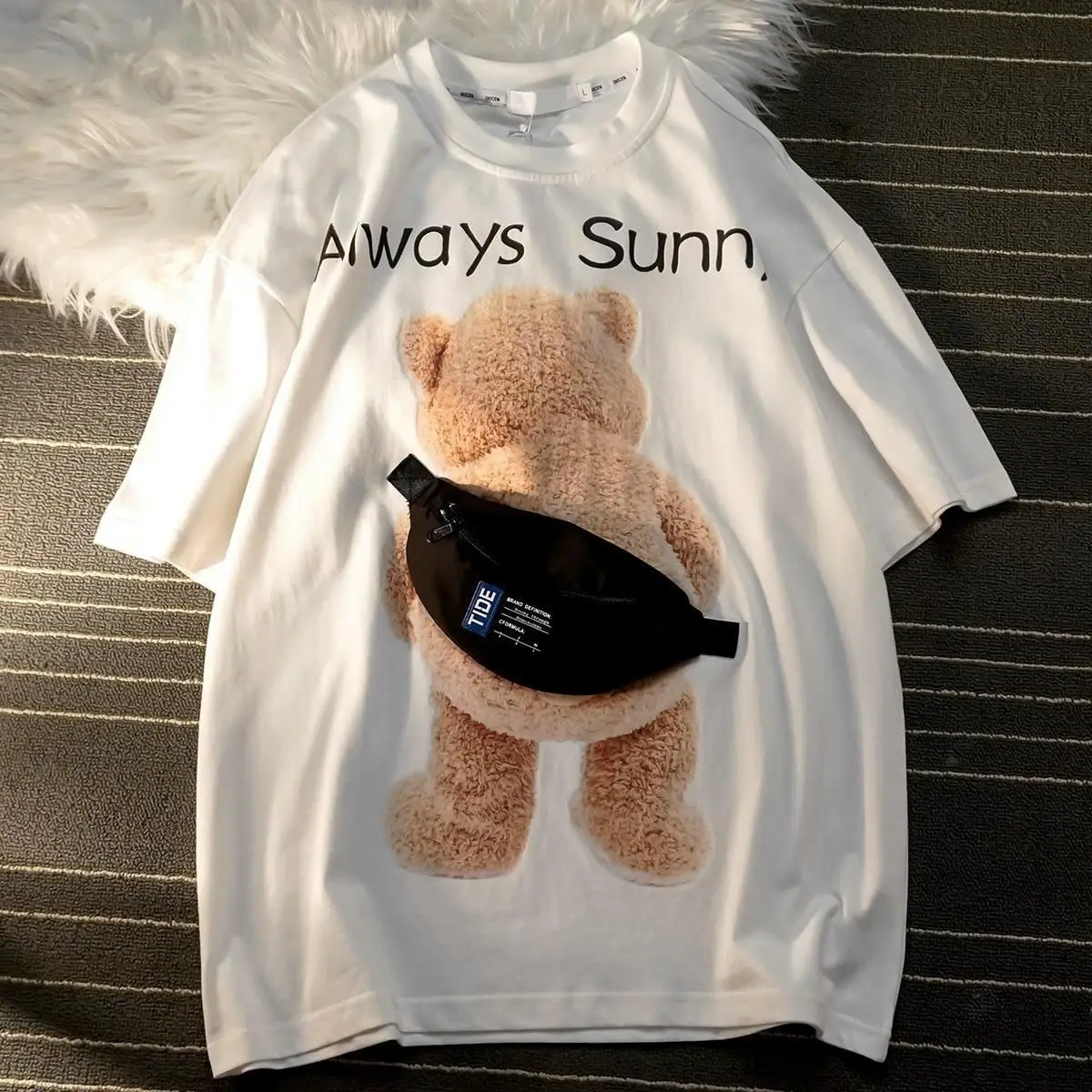 Cotton Tops Fashion Bear Satchel Short Sleeve 2023 Summer Y2k Clothes New T Shirt Women Zipper Bag Korean Style Loose Tees Lady