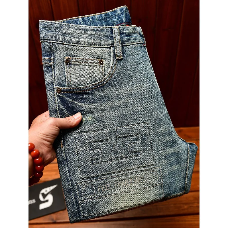 Fashionable printed design jeans for men, autumn stretch slim fit small feet, retro trend street style American pants
