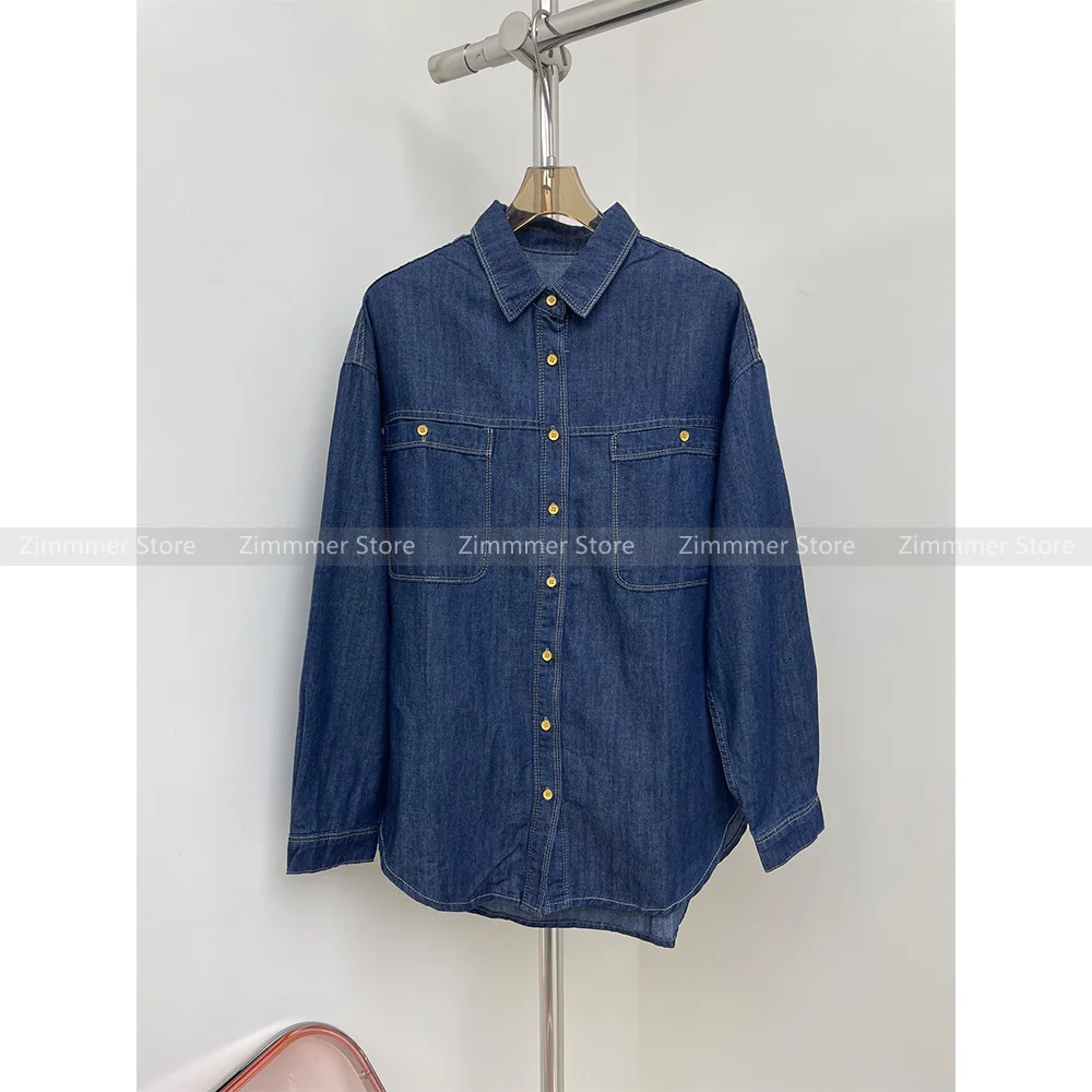 2024 Spring and summer new denim casual suit lapel long-sleeved shirt + elastic waist drawstring loose shorts