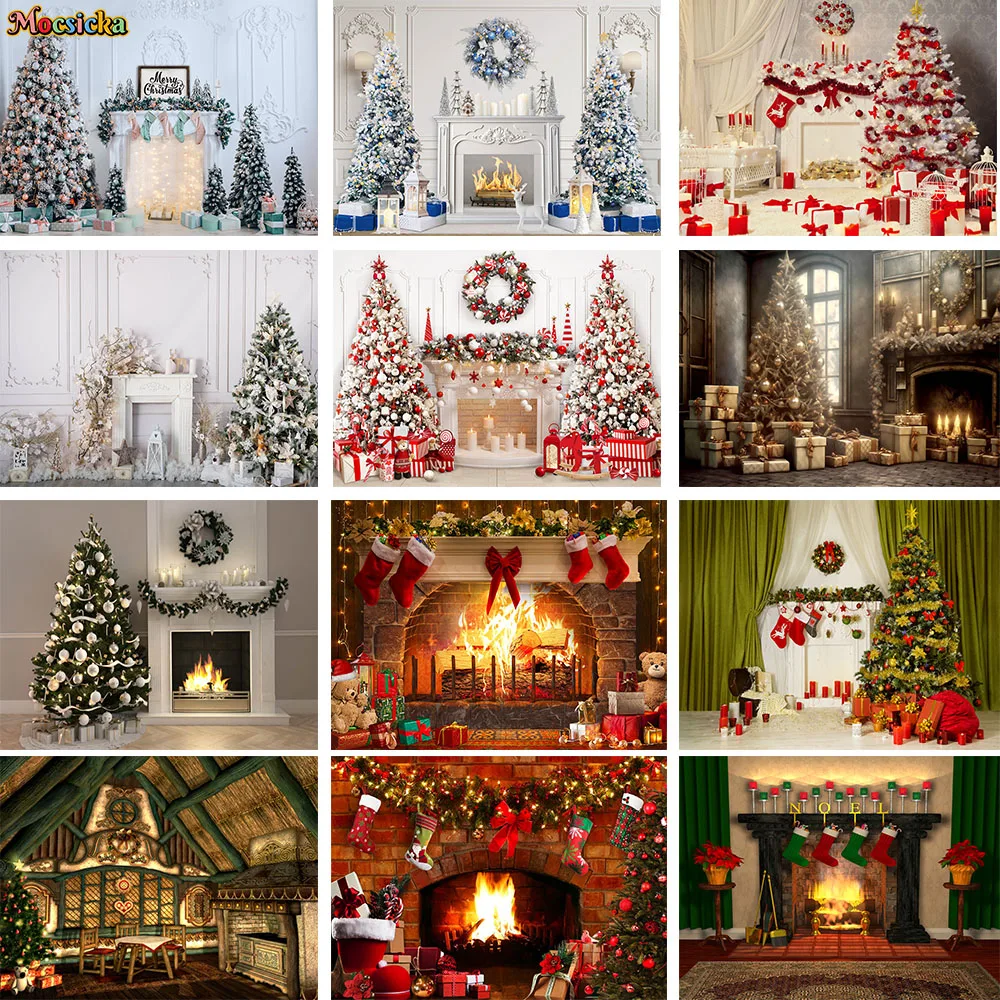 

Retro Fireplace Backdrop Wallpaper Decor Christmas Room Xmas Tree Gift Red Sock Photography Background Family Portrait Studio