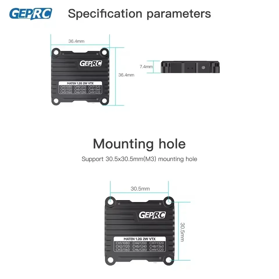 

GEPRC MATEN 1.2G 2W VTX 25mW/2000mW Transmitter 1080 - 1360 Mhz for FPV Long Range Racing Drone Stable Signal Transmission