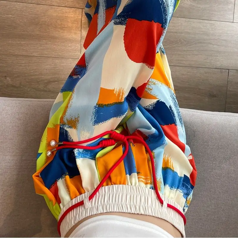 Fashion Elastic Lace Up Color Printed Geometric Chiffon Pants Female Clothing 2024 Summer New Loose High Waist Casual Trousers