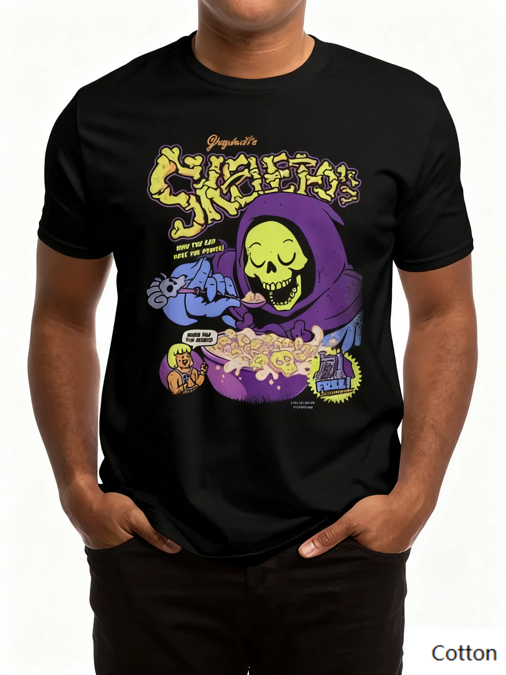 

Retro He - Man Skeletor Cereal Cotton Crew Neck T Shirt Featuring A Unique Design of Skeletor with Cereal and Humorous Text