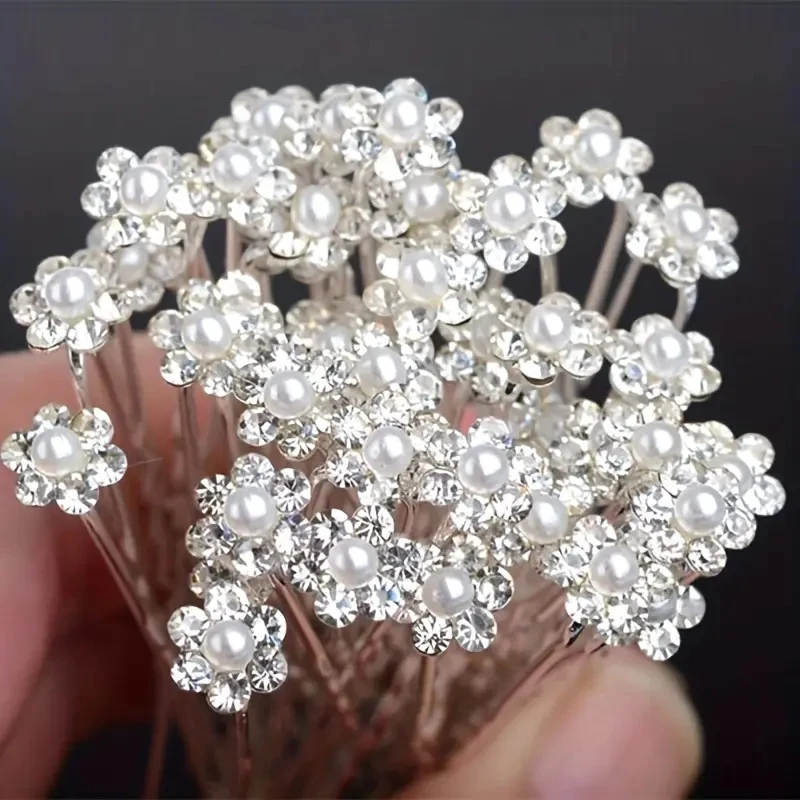 20 Pcs/set Bridal Headwear Pins Pearl Flower Luxurious Inlaid Diamond Hairpin Sweet Romantic U-shaped Curly Hair Fork Hair Clip