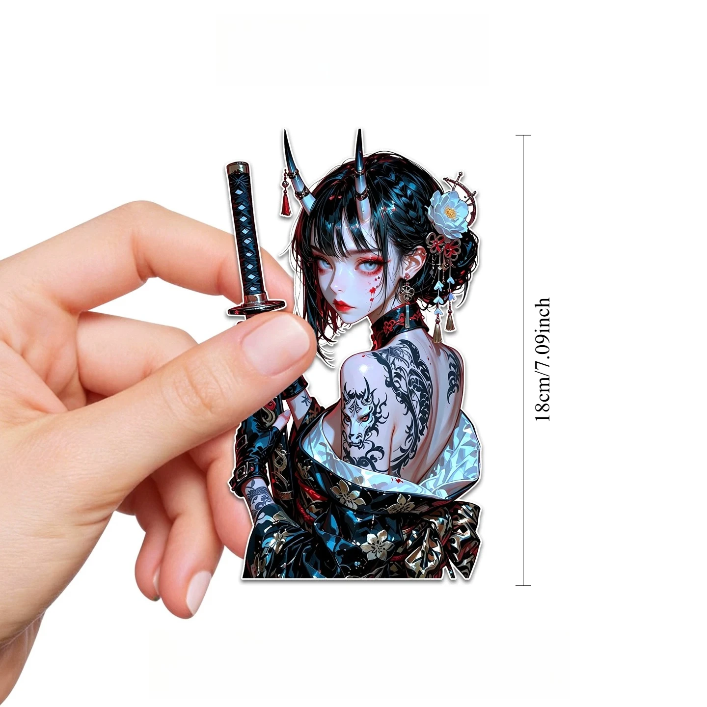 Personality Tattoo Female Samurai Reflective Vinyl Decal Self-adhesive Sticker for Notebook Laptop Desktop, Auto Body Mod Decor