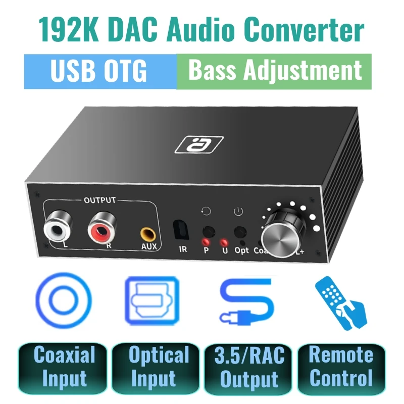 Dac Audio Converter 192KHz Remote Coaxial SPDIF USB OTG To R/L, 3.5MM Digital to Analog Converter Adapter For Phone Headphone