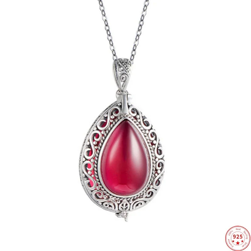 

S925 sterling silver pendants for Women New Fashion waterdrop shaped red corundum gawu box hollow sachet jewelry