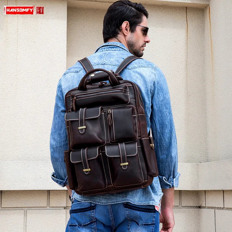 

Men's Retro Backpack Crazy Horse Leather Travel Bag Outdoor Casual Leather Large Capacity Backpacks Mountaineering Bags