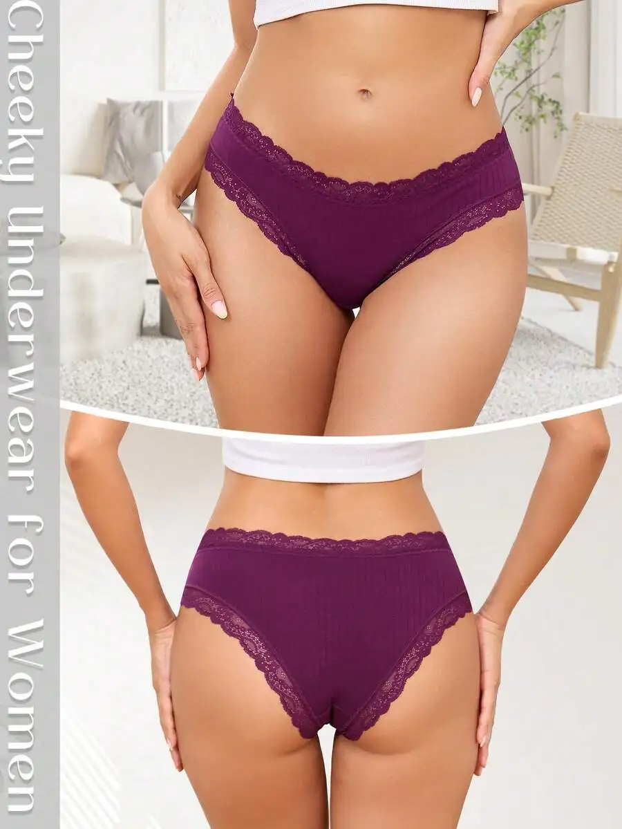 

6 Pcs Women Cheeky Bikini Panties With Lace Trim Soft Stretch Breathable Underwear