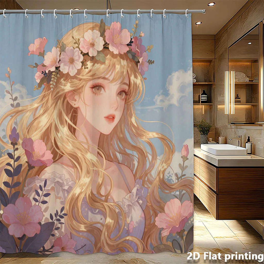 

Shower Curtain 71x71" Digital Art Girl w/ Floral Crown – Soft Pink Flowers, Sky Blue BG, Waterproof Polyester, Grommet Top