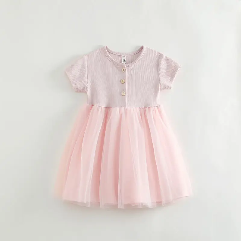 2024 Summer New Girls Thin Knitted Mesh Dress Short Sleeve Button Splicing Baby Princess Dress Sweet Cotton Children's Dress