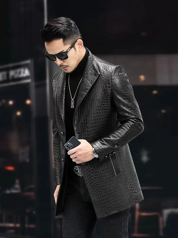 High Quality Luxury Genuine Leather Blazers Men Spring Slim Office Man Embossing Real Sheepskin Coat Suit Jacket Size Runs Small