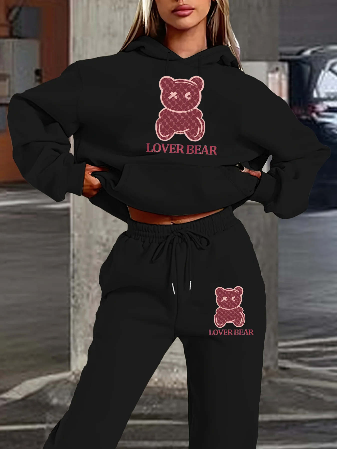 Feminino outono e inverno moda casual solto hip hop rua dos desenhos animados urso padrão impresso quente hoodie + calças esportivas conjunto
