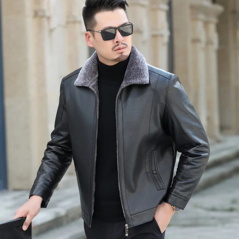 海寧山羊革ジャケット メンズ 本革ジャケット ショートラペル カジュアル ファーとベルベットの厚手コート